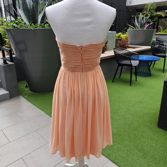 DONNA MORGAN Tube Dress | Coral Strapless 100% Silk Cinched Top Chiffon Mini - Picture 7 of 17
